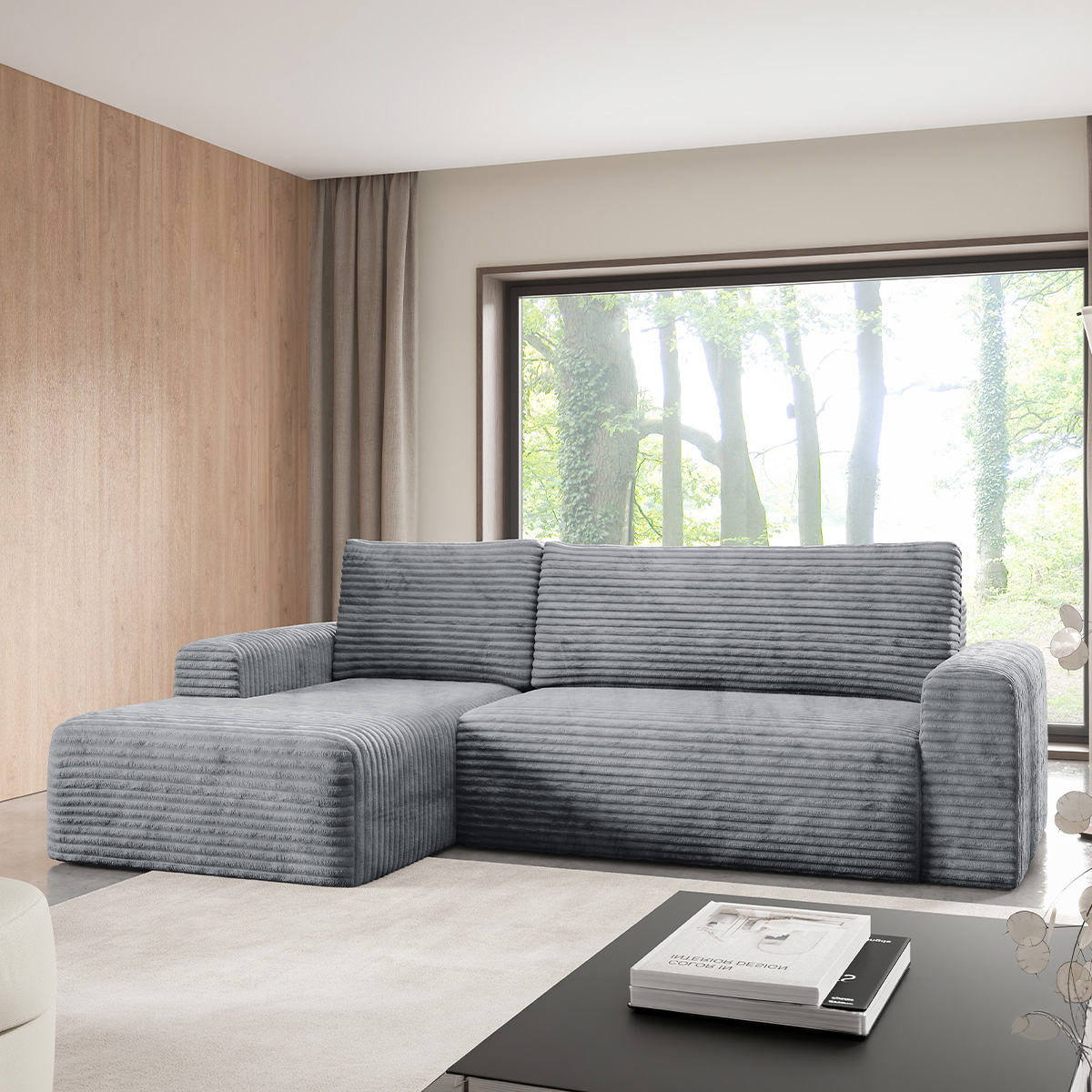 Canapé d\'angle gauche convertible 3 places avec coffre Romeo Gris foncé