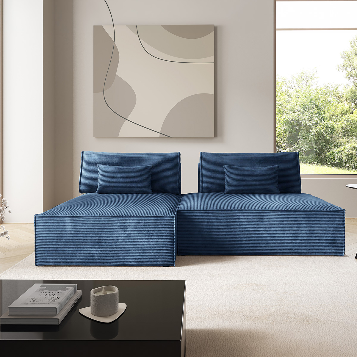 Canapé d\'angle réversible modulable et convertible Georgia Bleu foncé