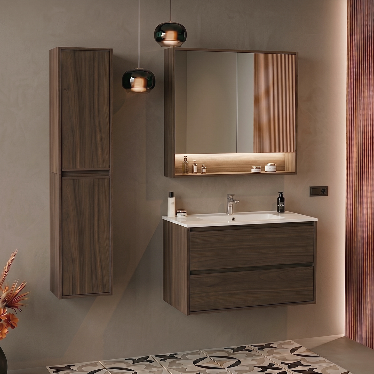 Ensemble meuble simple vasque encastrée 80cm colonne et armoire miroir Edmé Bois foncé