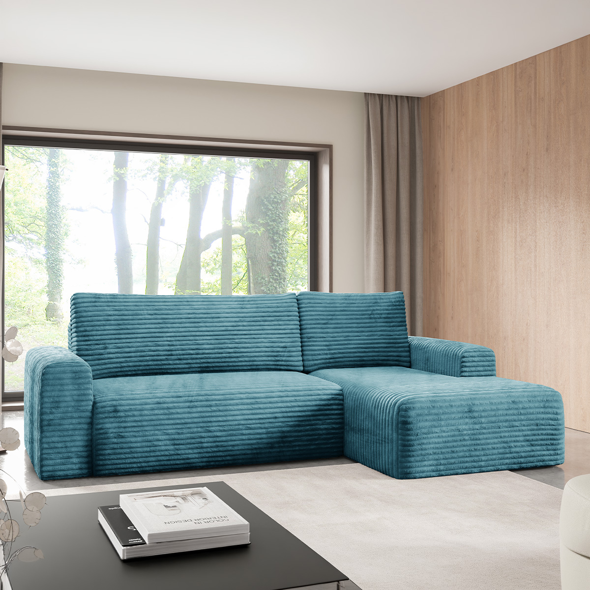 Canapé d\'angle droit convertible 3 places avec coffre Romeo Bleu