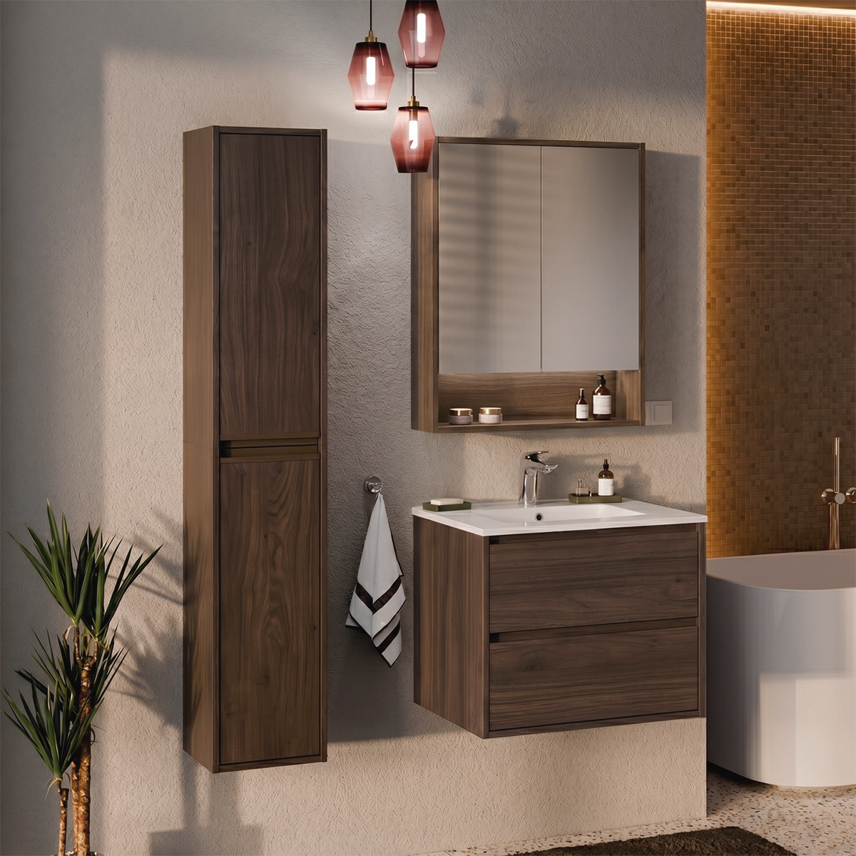 Ensemble meuble simple vasque encastrée 60cm colonne et armoire miroir Edmé Bois foncé