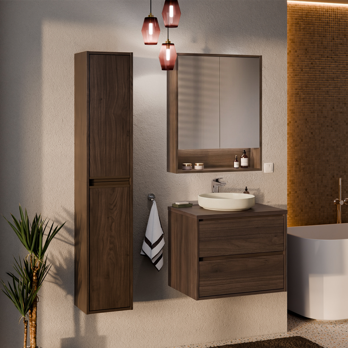 Ensemble meuble simple vasque 60cm colonne et armoire miroir Edmé Bois foncé