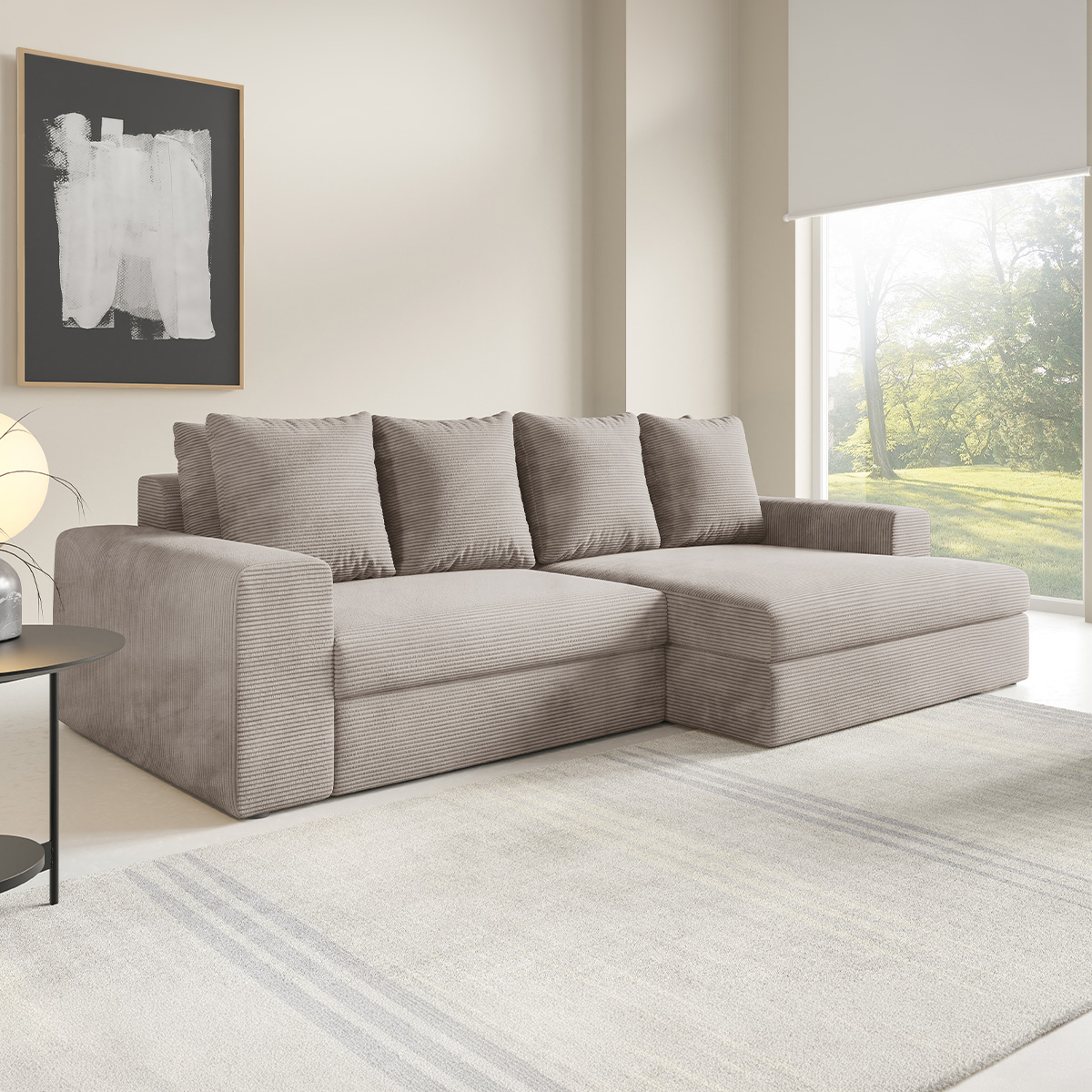 Canapé d\'angle droit convertible 3 places avec coffre Paola Taupe