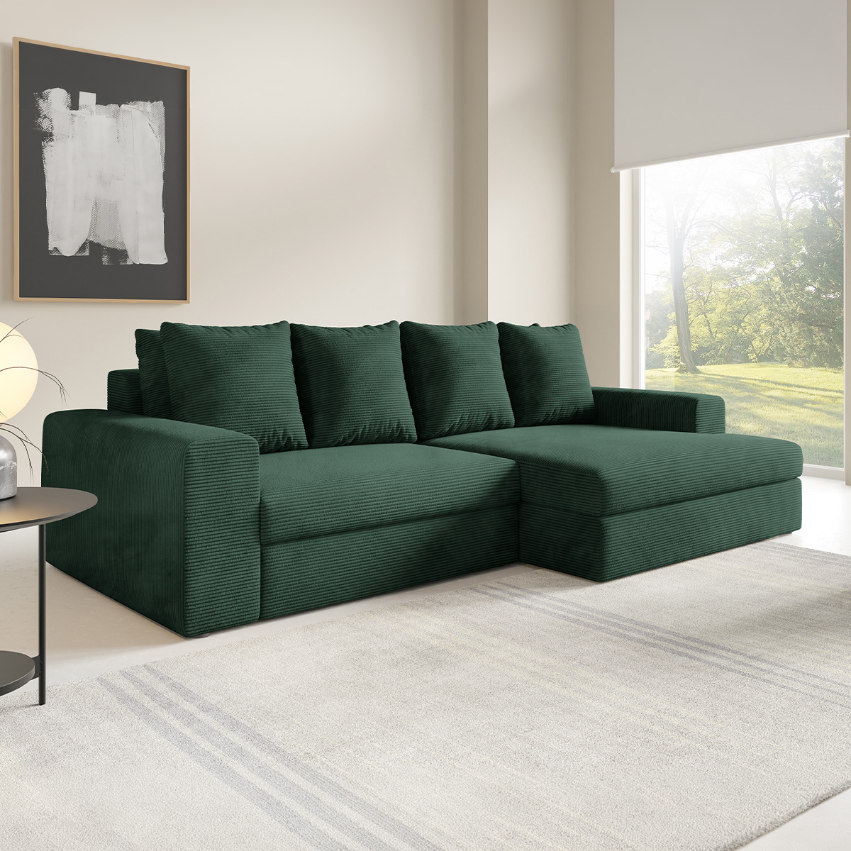 Canapé d\'angle droit convertible 3 places avec coffre Paola Vert sapin