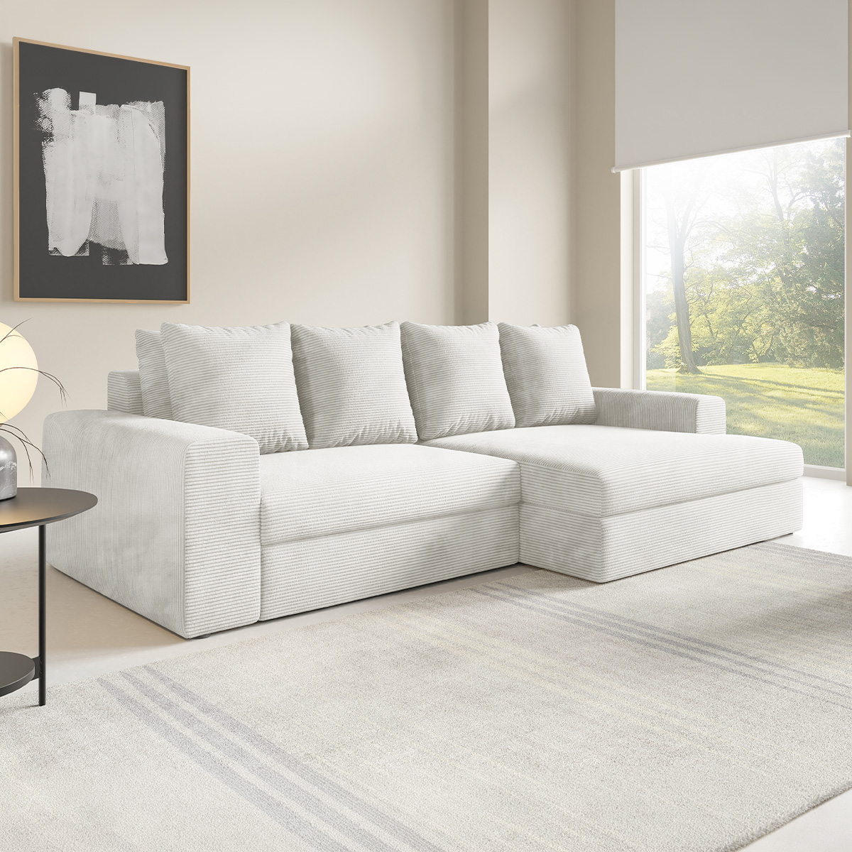 Canapé d\'angle droit convertible 3 places avec coffre Paola Blanc cassé