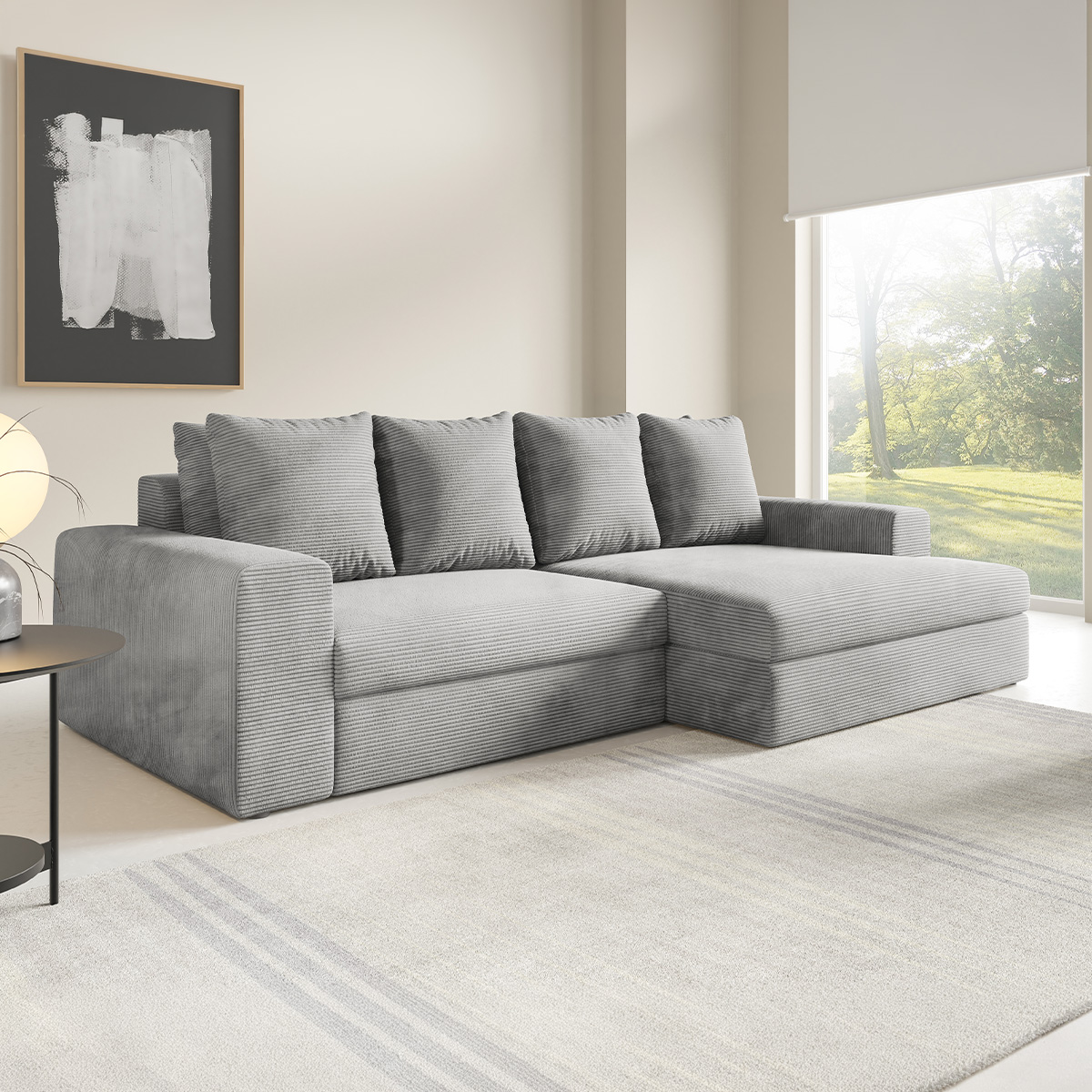 Canapé d\'angle droit convertible 3 places avec coffre Paola Gris clair