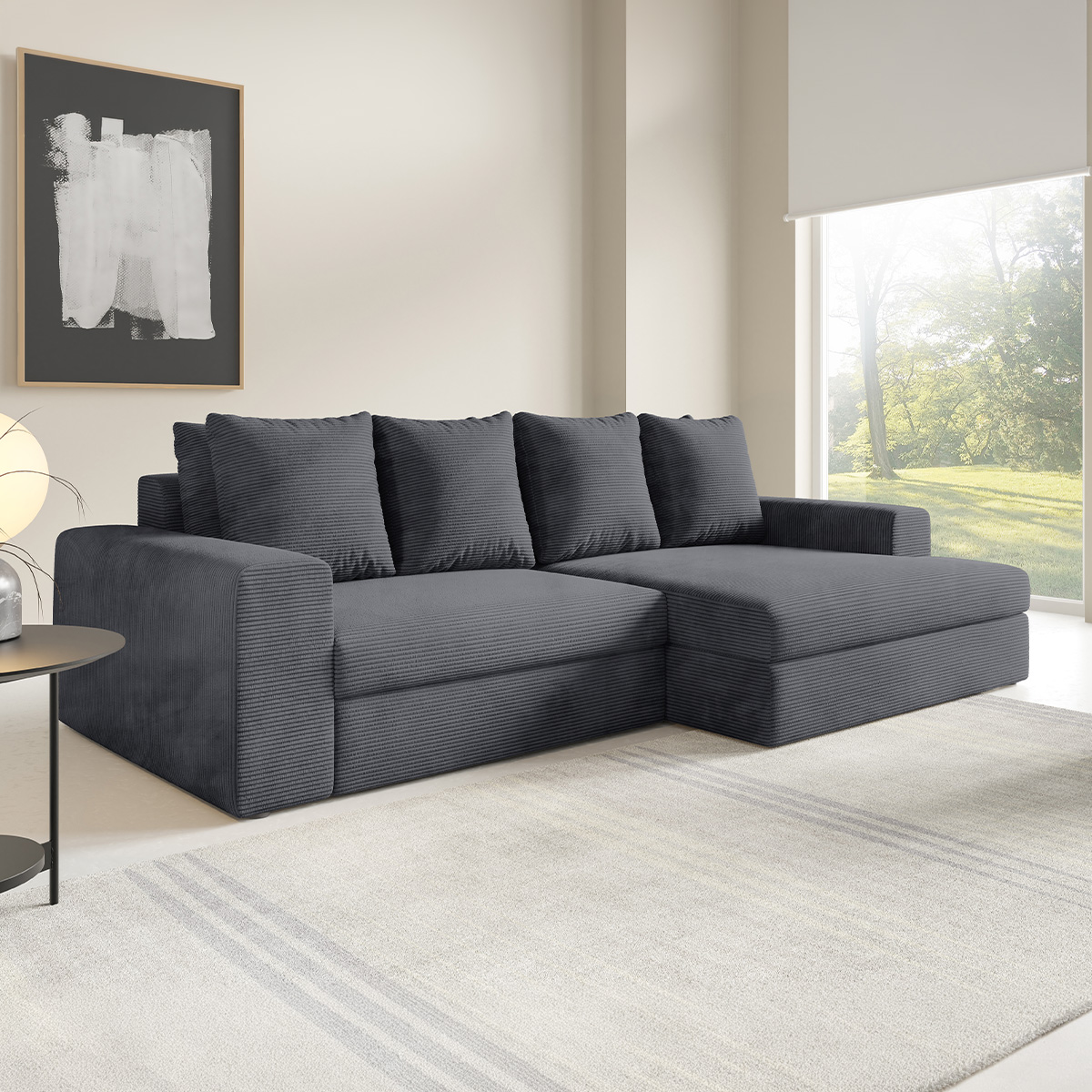 Canapé d\'angle droit convertible 3 places avec coffre Paola Gris