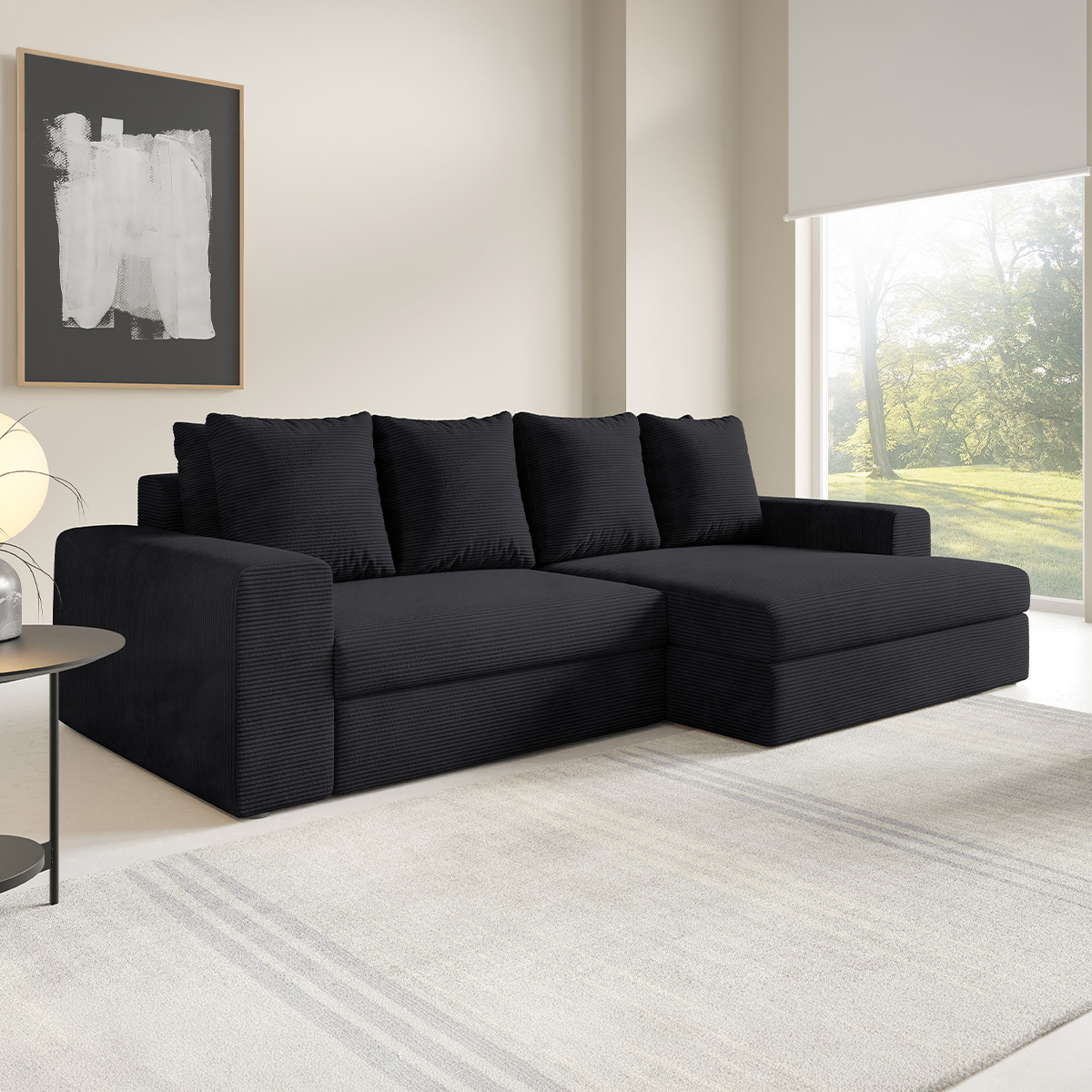 Canapé d\'angle droit convertible 3 places avec coffre Paola Noir