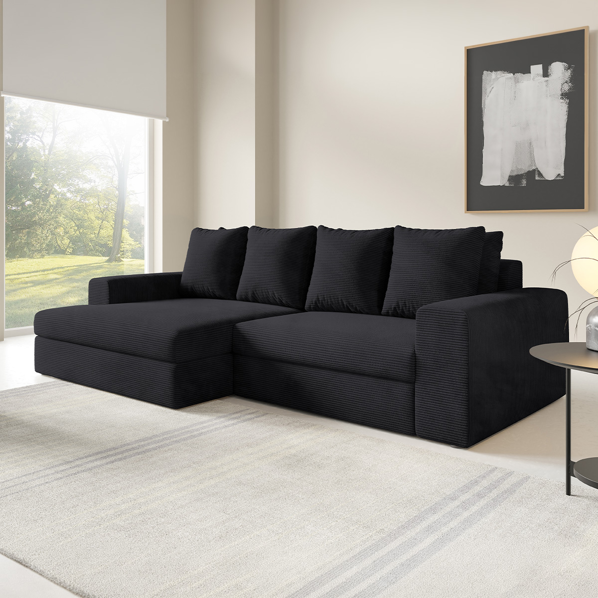 Canapé d\'angle gauche convertible 3 places avec coffre Paola Noir