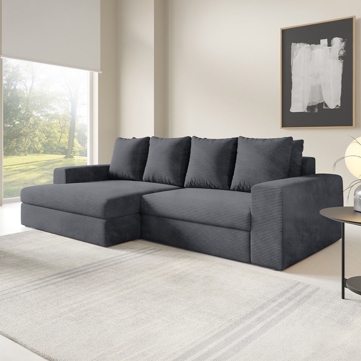 Canapé d\'angle gauche convertible 3 places avec coffre Paola Gris