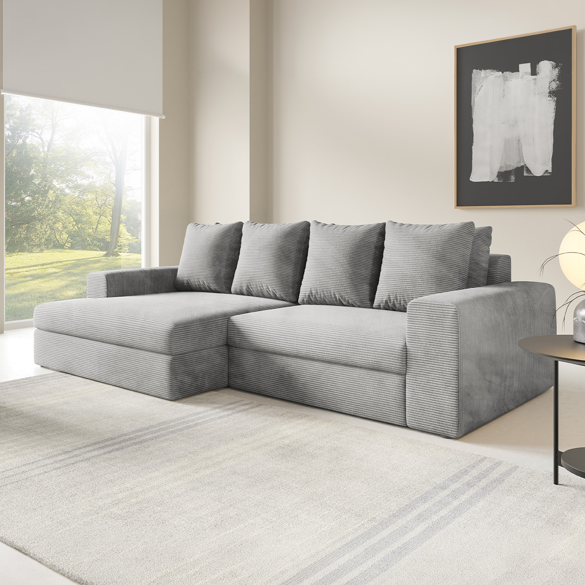 Canapé d\'angle gauche convertible 3 places avec coffre Paola Gris clair
