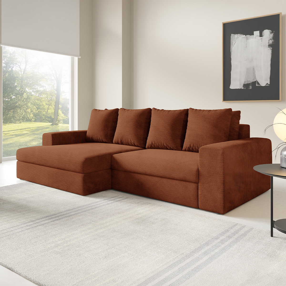 Canapé d\'angle gauche convertible 3 places avec coffre Paola Rouge brique