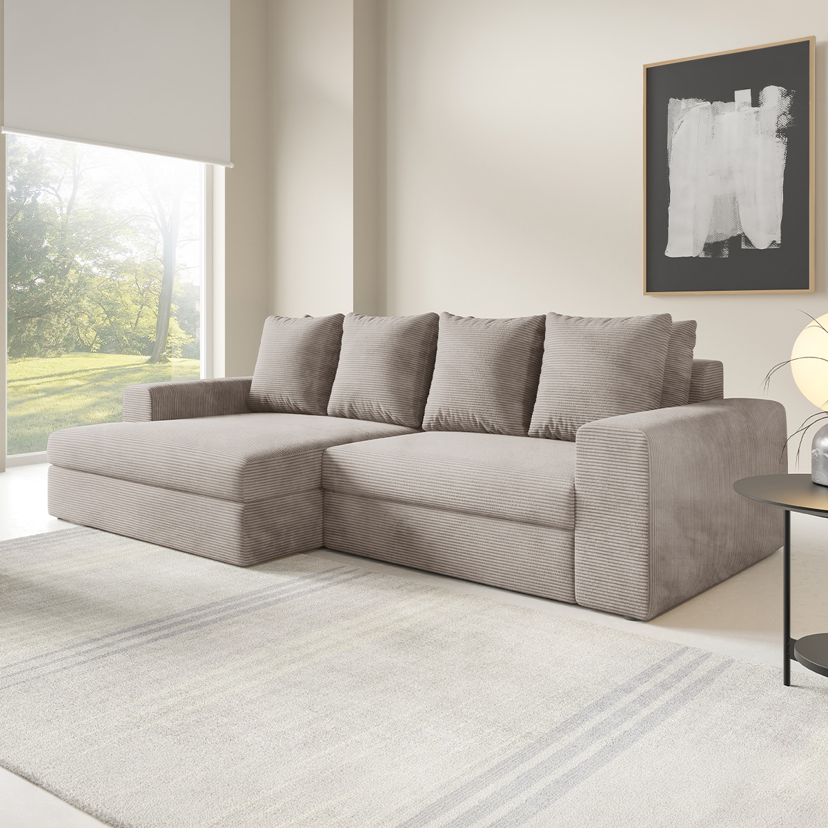 Canapé d\'angle gauche convertible 3 places avec coffre Paola Taupe