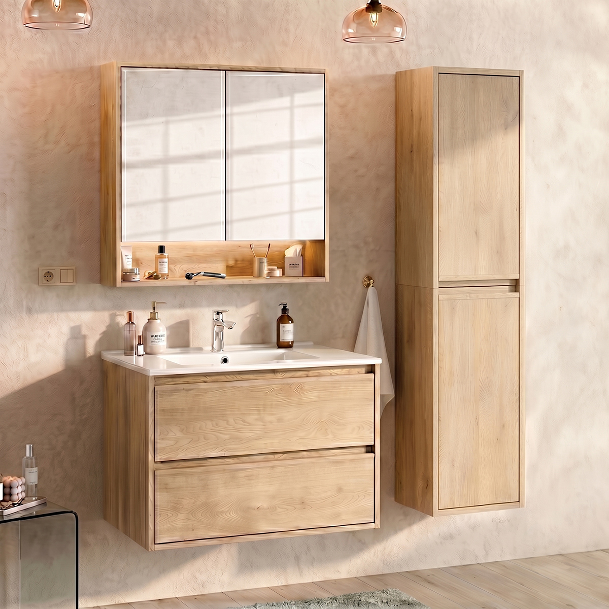 Ensemble meuble simple vasque encastrée 80cm colonne et armoire miroir Edmé Bois