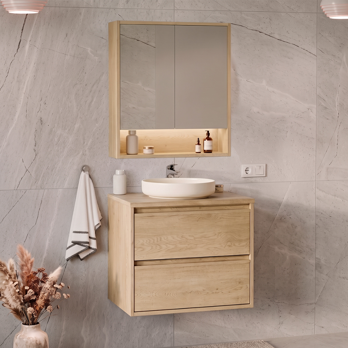Ensemble meuble simple vasque 60cm et armoire miroir Edmé Bois