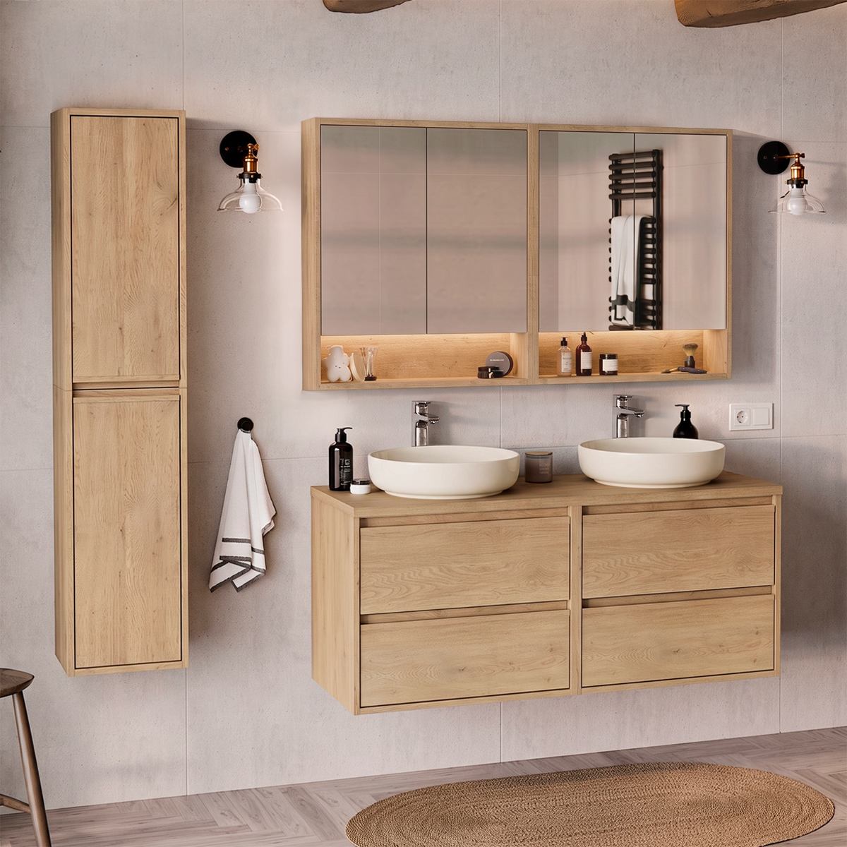 Ensemble meuble double vasque 120cm colonne et armoires miroir Edmé Bois