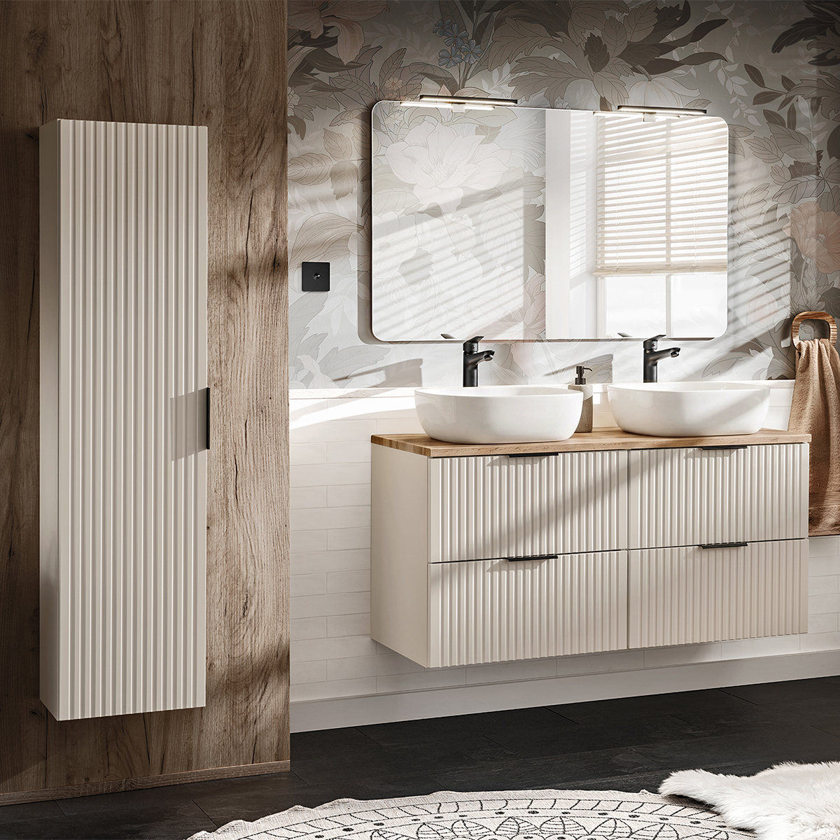 Ensemble meuble double vasque 120cm et colonne Adriel Cachemire et Bois