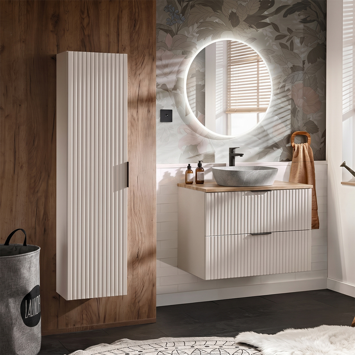 Ensemble meuble simple vasque 80cm et colonne Adriel Cachemire Bois et effet Pierre