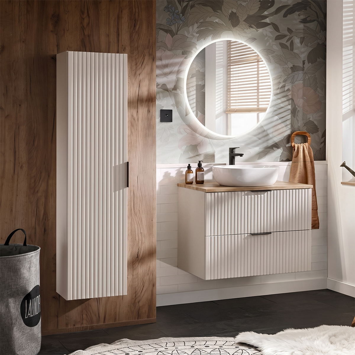 Ensemble meuble simple vasque 80cm et colonne Adriel Cachemire et Bois