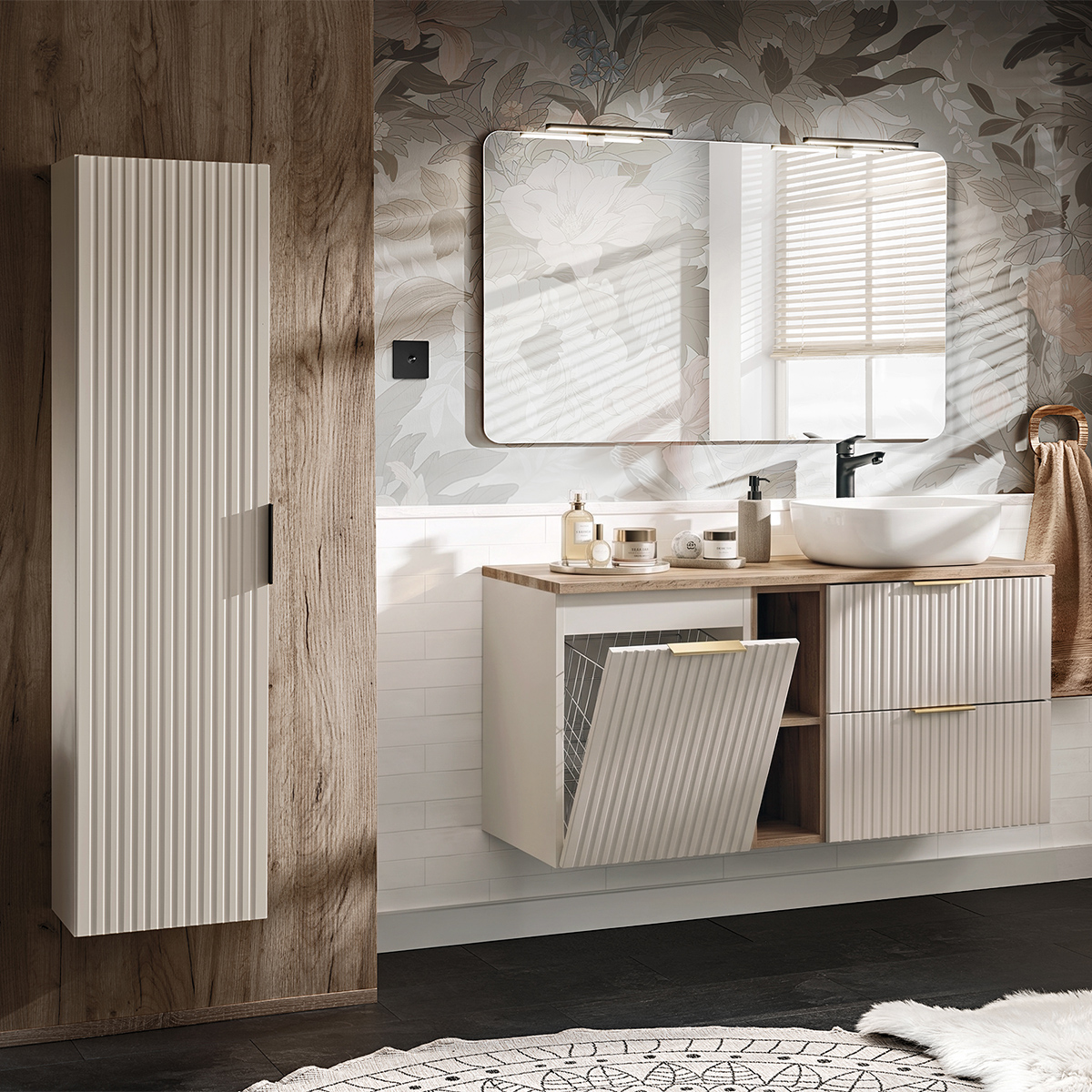 Ensemble meuble simple vasque 120cm 2 niches panier à linge et colonne Adriel Cachemire et Bois