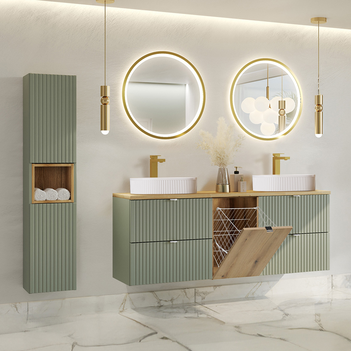 Ensemble meuble double vasque 160cm panier à linge et colonne Jade Vert et Bois - Vasques ovales