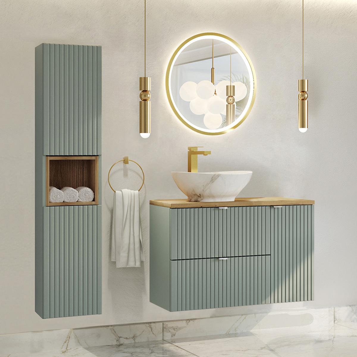 Ensemble meuble simple vasque 90cm et colonne Jade Vert
