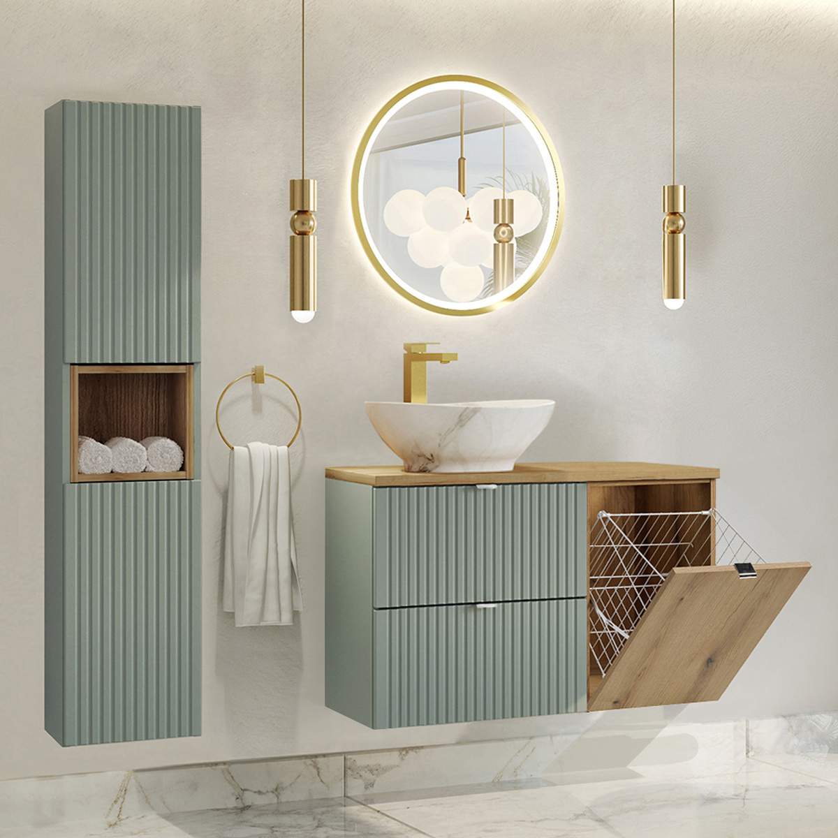 Ensemble meuble simple vasque 90cm panier à linge et colonne Jade Vert et Bois