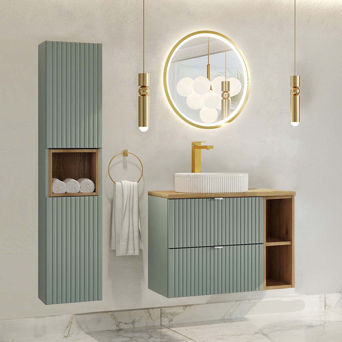 Ensemble meuble simple vasque 80cm 2 tiroirs 2 niches et colonne Jade Vert et Bois