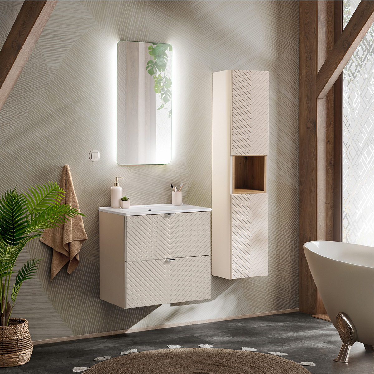 Ensemble meuble simple vasque encastrée 60cm 2 tiroirs et colonne Manoa Cachemire et Bois