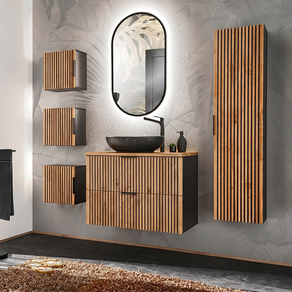 Ensemble meuble simple vasque 80cm colonne et 3 armoires murales Gaia Bois et Noir - Vasque Noir