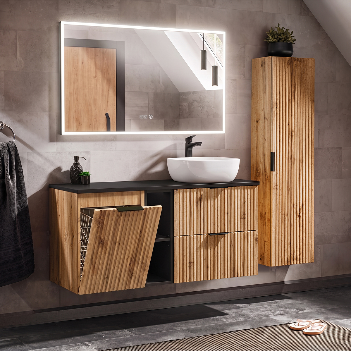 Ensemble meuble simple vasque 120cm 2 niches panier à linge et colonne Adriel Bois et Noir