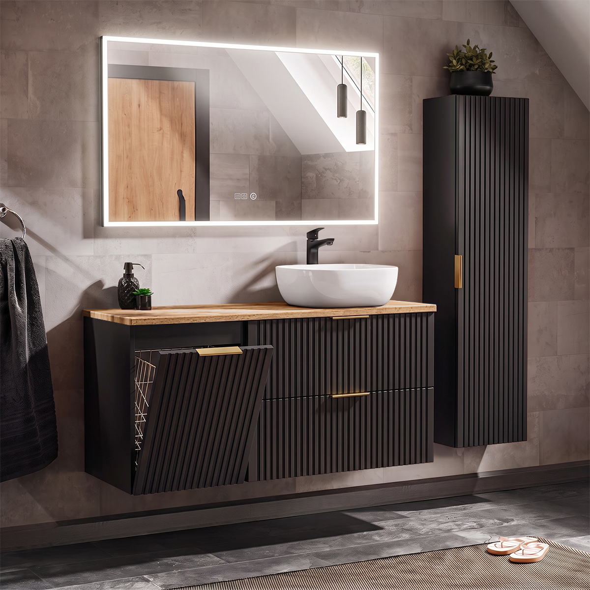 Ensemble meuble simple vasque 120cm panier à linge et colonne Adriel Noir et Bois