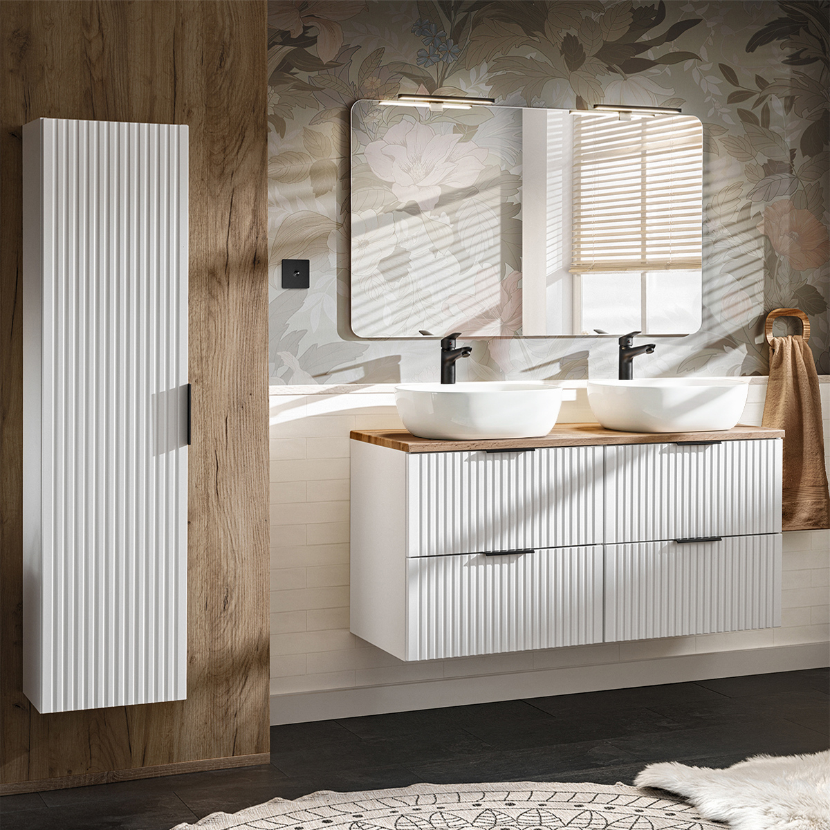 Ensemble meuble double vasque 120cm et colonne Adriel Blanc