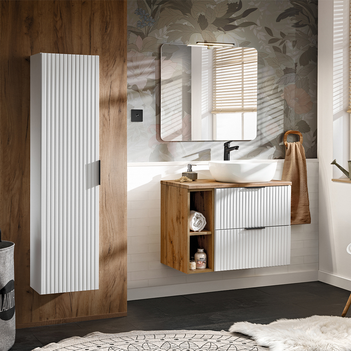 Ensemble meuble simple vasque 80cm 2 niches et colonne Adriel Blanc