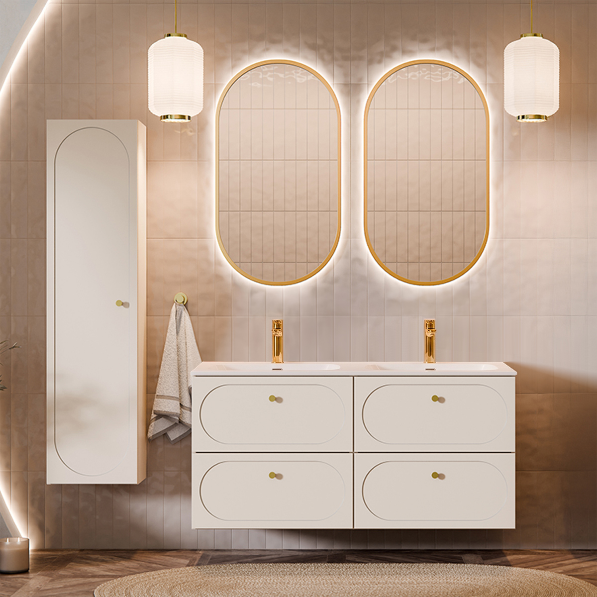 Ensemble meuble double vasque encastrée 120cm et colonne Sanae Beige sable