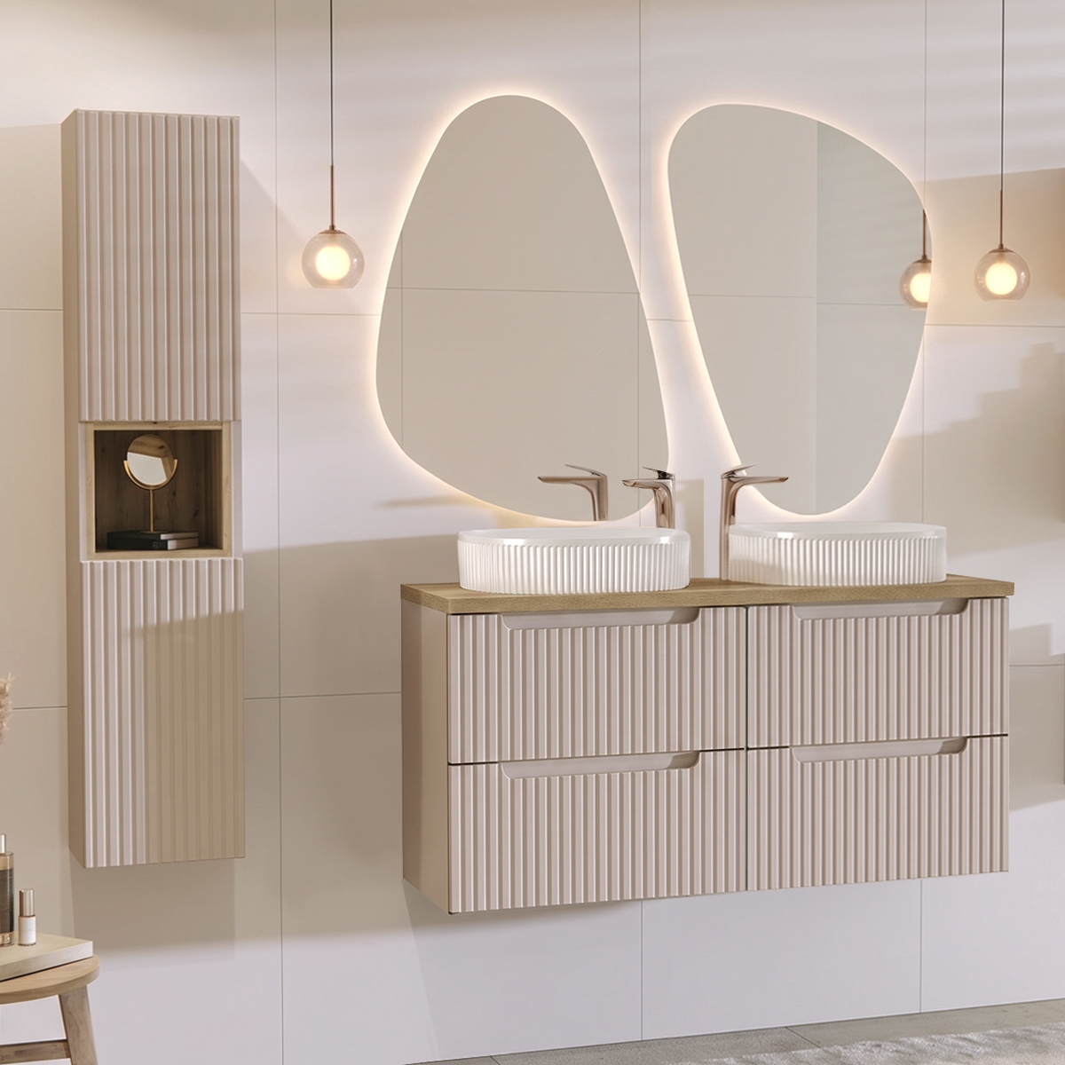 Ensemble meuble double vasque 120cm 4 tiroirs et colonne Riva Cachemire et Bois