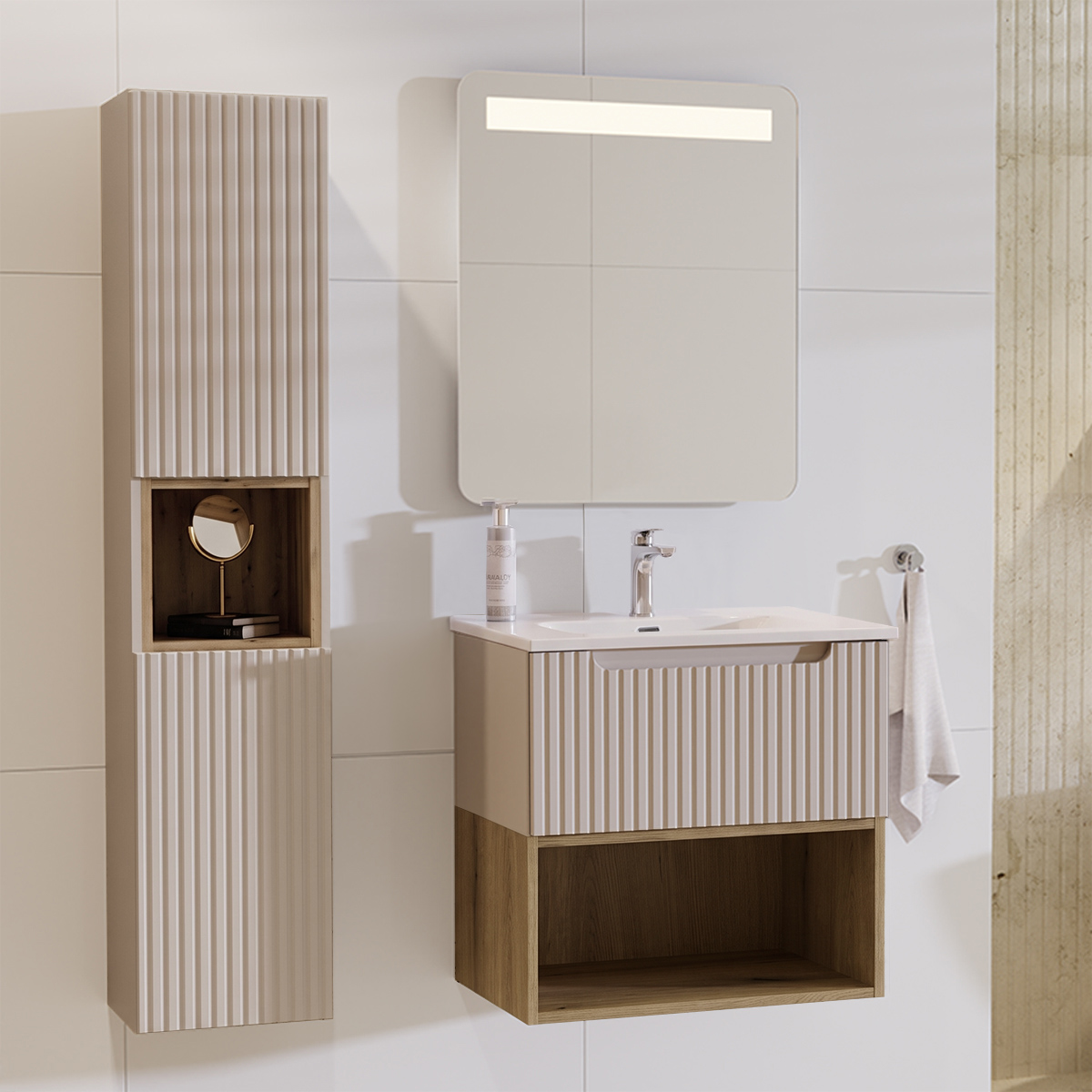 Ensemble meuble simple vasque encastrée 60cm et colonne Riva Cachemire et Bois
