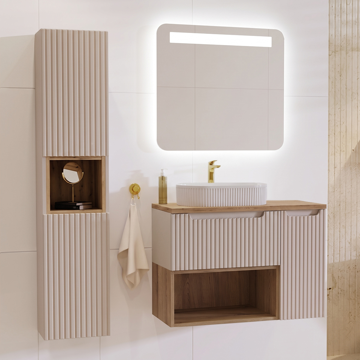 Ensemble meuble simple vasque 90cm et colonne Riva Cachemire et Bois