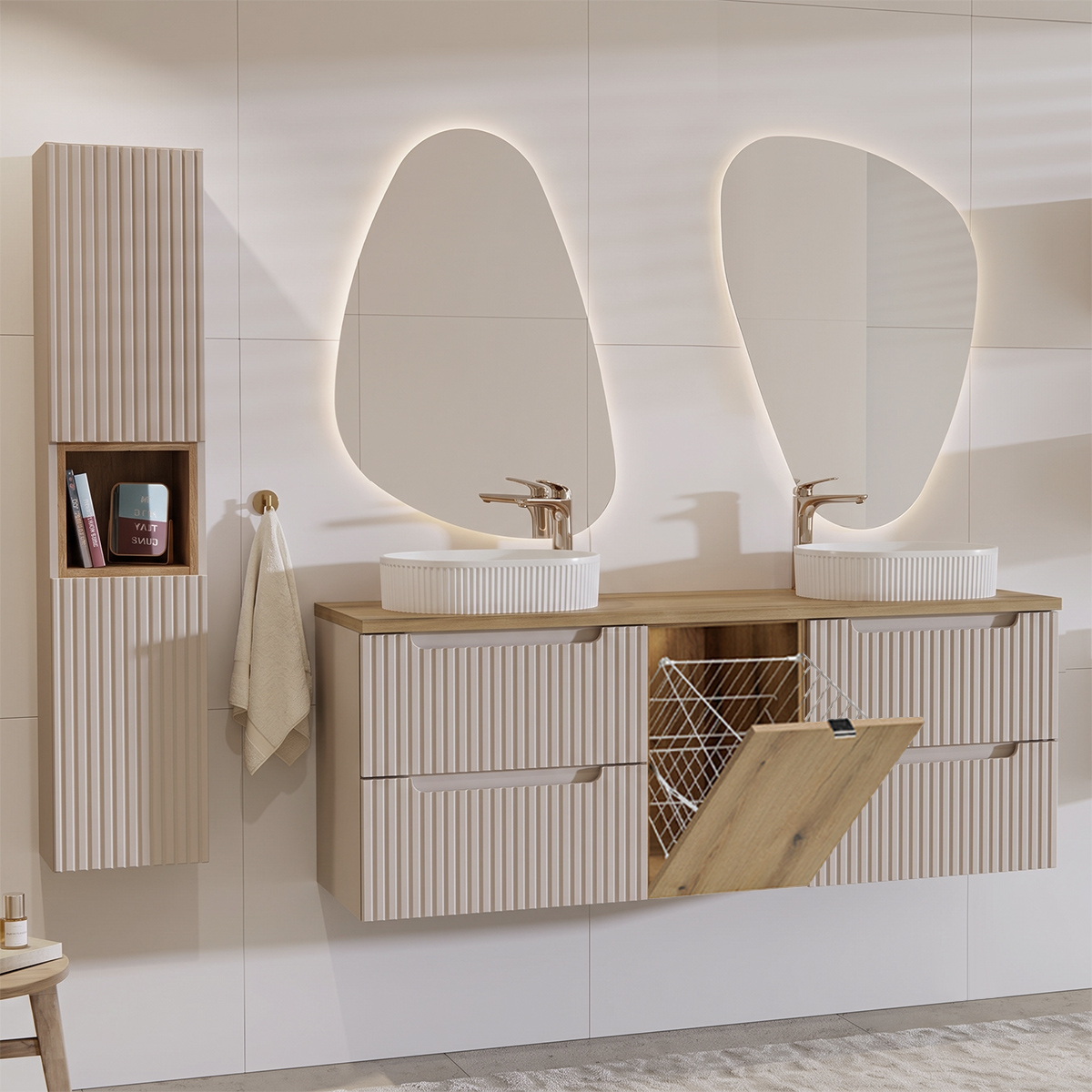 Ensemble meuble double vasque 160cm panier à linge et colonne Riva Cachemire et Bois