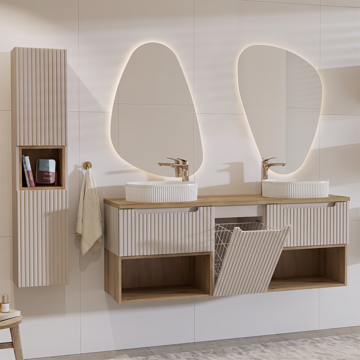 Ensemble meuble double vasque 160cm panier à linge niches et colonne Riva Cachemire et Bois