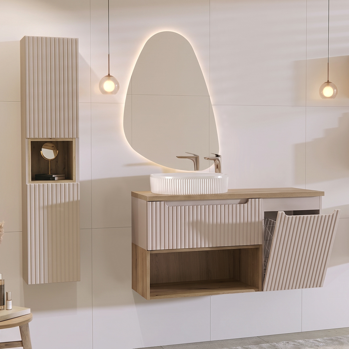 Ensemble meuble simple vasque 120cm panier à linge et colonne Riva Cachemire et Bois