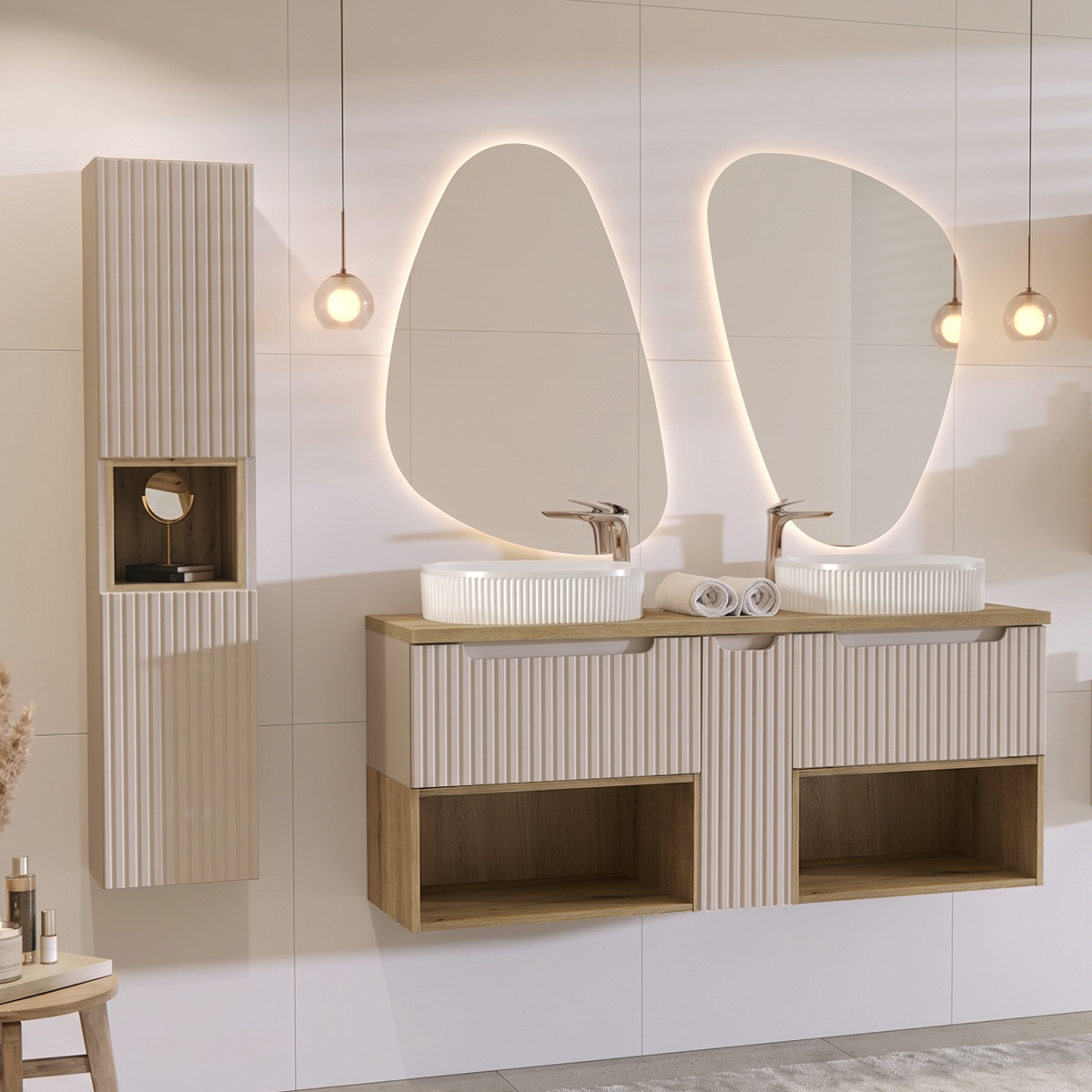 Ensemble meuble double vasque 140cm et colonne Riva Cachemire et Bois