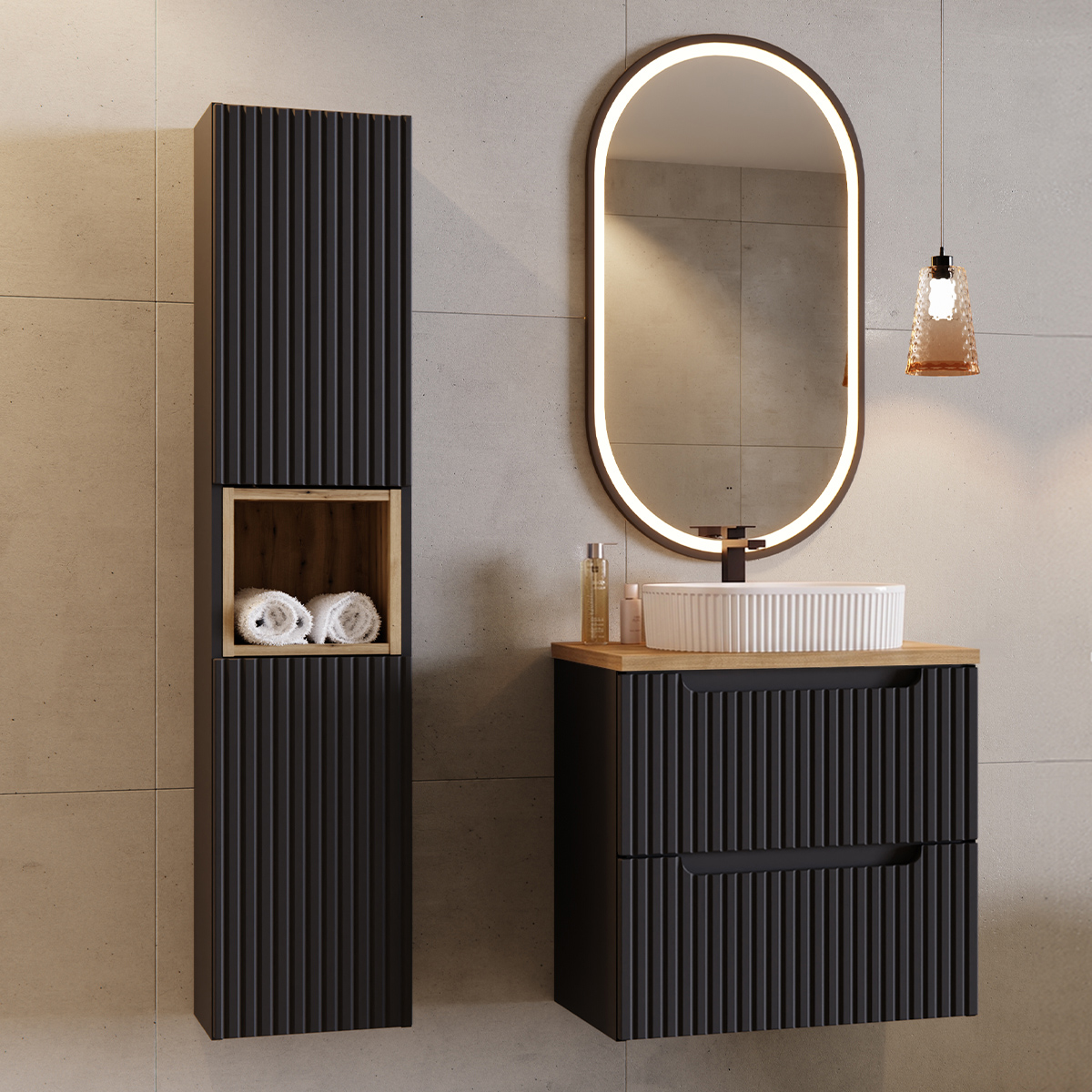 Ensemble meuble simple vasque 60cm 2 tiroirs et colonne Riva Noir et Bois