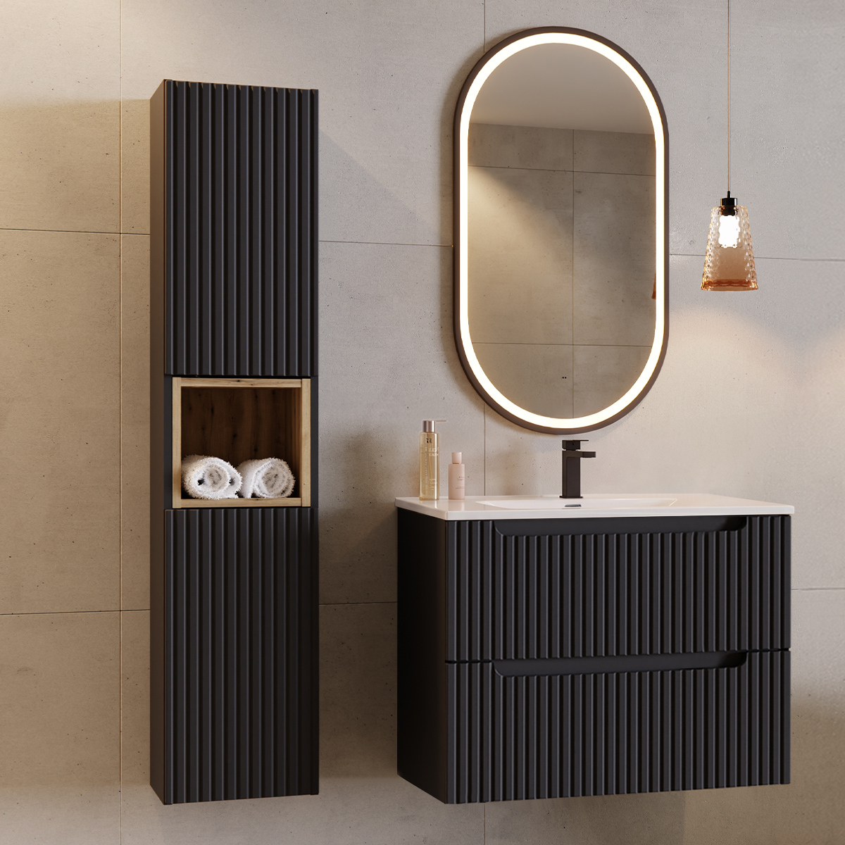 Ensemble meuble simple vasque encastrée 80cm 2 tiroirs et colonne Riva Noir et Bois