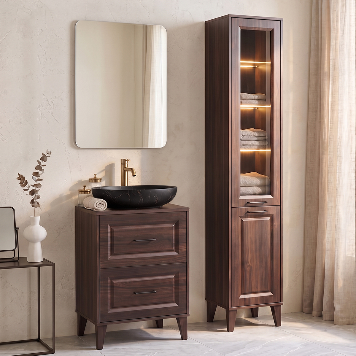 Ensemble meuble simple vasque 60cm et colonne Moka Bois foncé