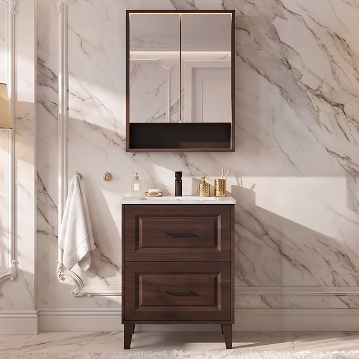 Ensemble meuble simple vasque encastrée 60cm et armoire miroir Moka Bois foncé