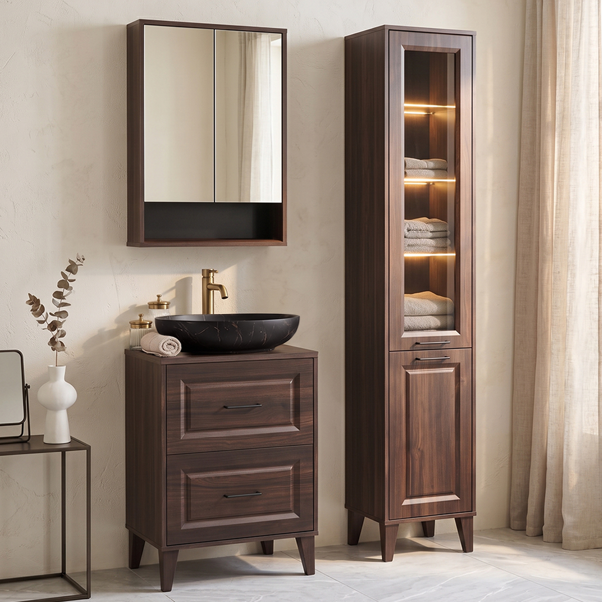 Ensemble meuble simple vasque 60cm colonne et armoire miroir Moka Bois foncé