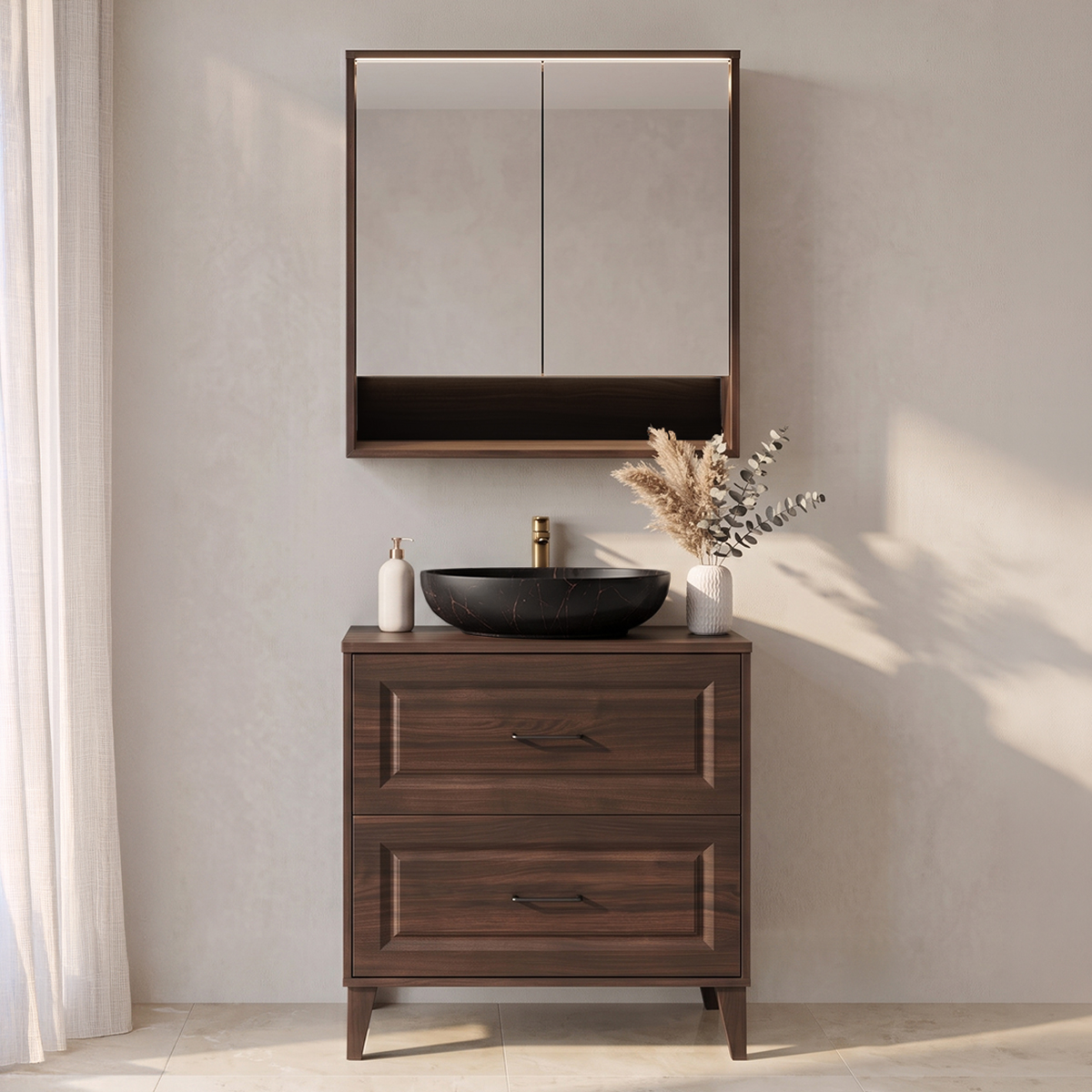 Ensemble meuble simple vasque 80cm et armoire miroir Moka Bois foncé