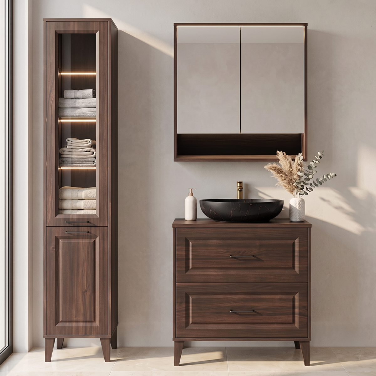 Ensemble meuble simple vasque 80cm colonne et armoire miroir Moka Bois foncé