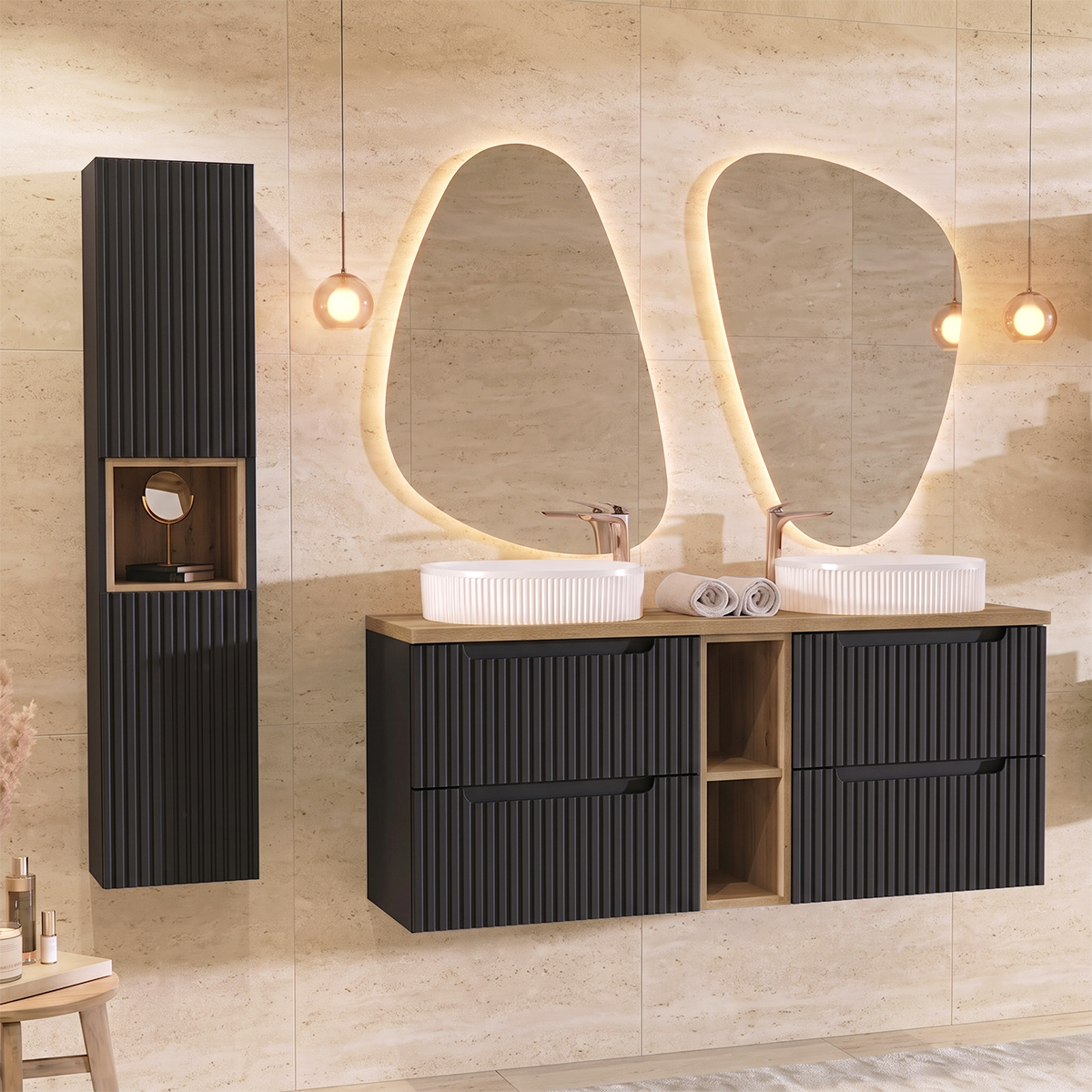Ensemble meuble double vasque 140cm 4 tiroirs 2 niches et colonne Riva Noir et Bois